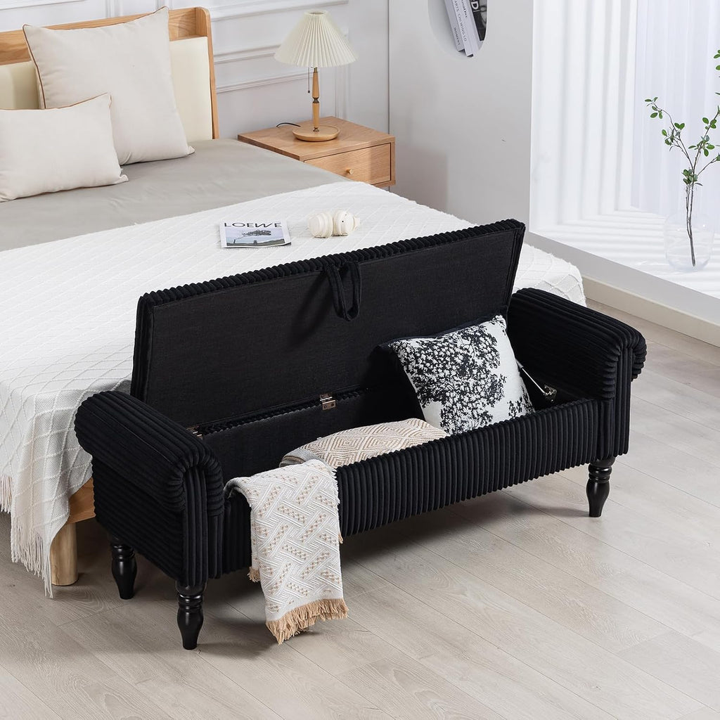 60" Corduroy Storage Bench, Queen End of Bed, Black