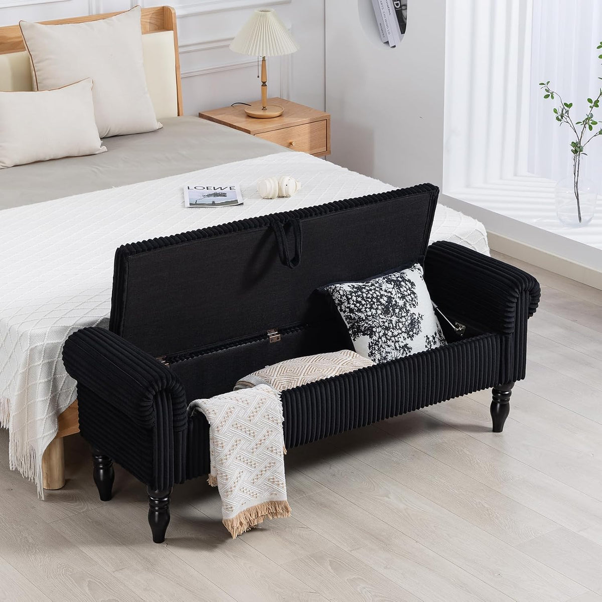 60" Corduroy Storage Bench, Queen End of Bed, Black