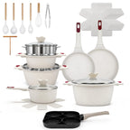 27piece Kitchen Pots And Pans Set Ceramic Home Nonstick Cookware Sets,a Heat-Resistant Glass Lid And Handles,Silicone Kitchenware Included|For Induction Cooktops Dishwasher Safe（Beige Sleek Style）