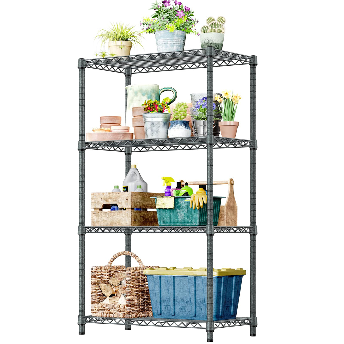 IZEUK 5-Tier Adjustable Heavy Duty Steel Wire Shelving Unit with Wheels, Storage Rack Organizer for Garage, Kitchen, Office, Laundry, Basement (Black, 17.7" D x 47.2" W x 76.7" H, 1750 lbs Capacity)