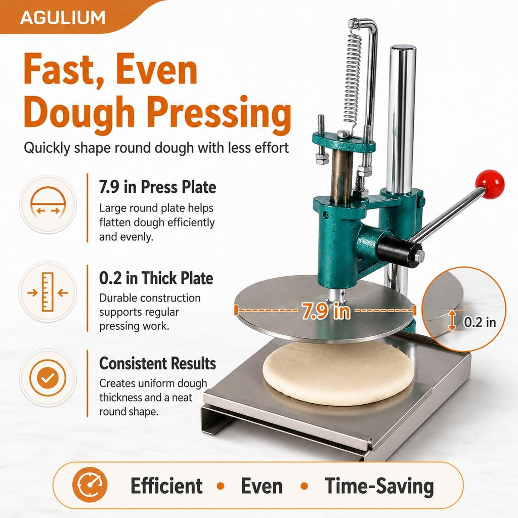 7.9 Inch Manual Pizza Dough Press Machine, Adjustable Stainless Steel Pizza Pastry Press for Pie Crusts, Bread Molds, Meatloaf, Soft Rolls, Household & Commercial