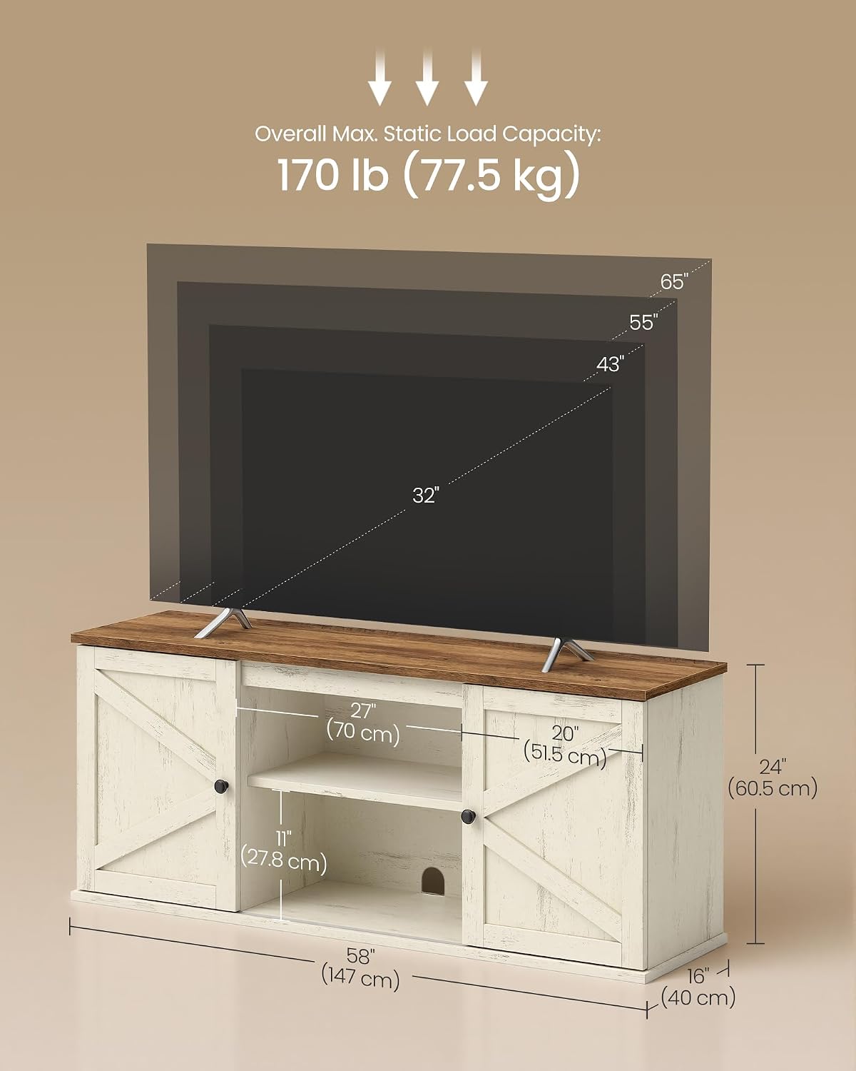 VASAGLE Farmhouse TV Stand for 65'' TV, Media Console, Sliding Barn Doors