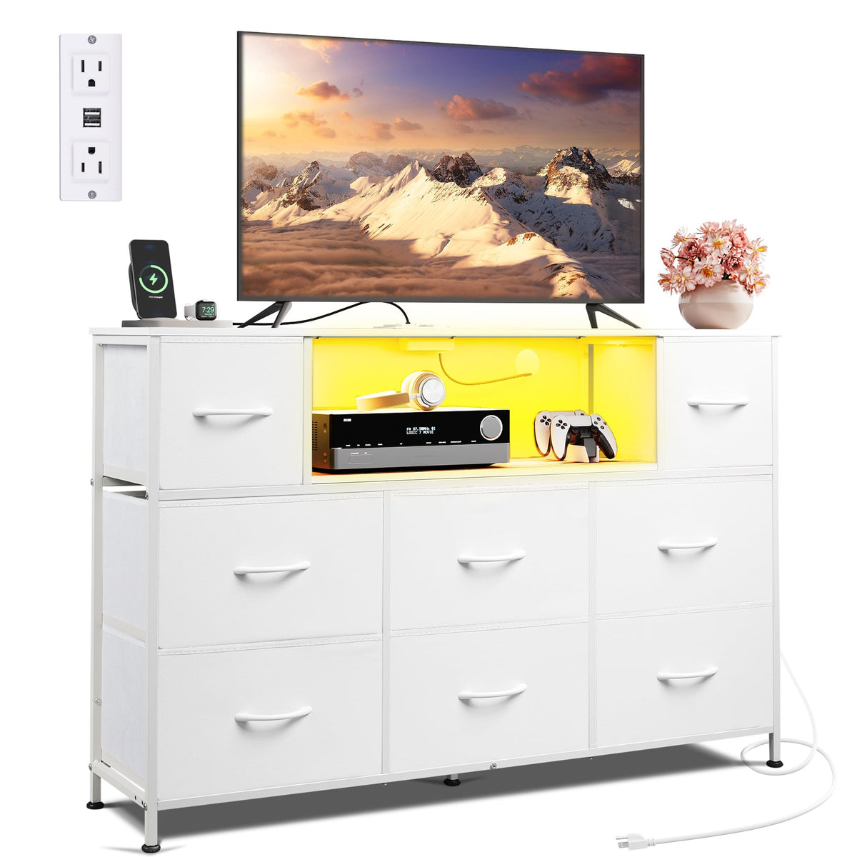 WLIVE LED Black Dresser TV Stand for 55 Inch TV, 8 Drawers