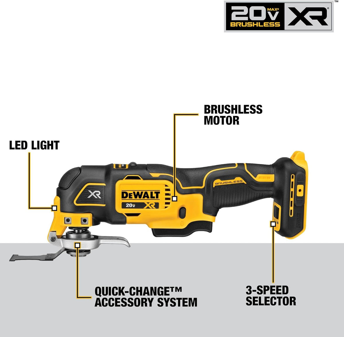 DEWALT 20V MAX XR Oscillating Tool Kit with Blades, 3 Speed Cordless Brushless Multitool, Up to 20,000 OPM, LED Light, Battery and Charger Included (DCS356C1)
