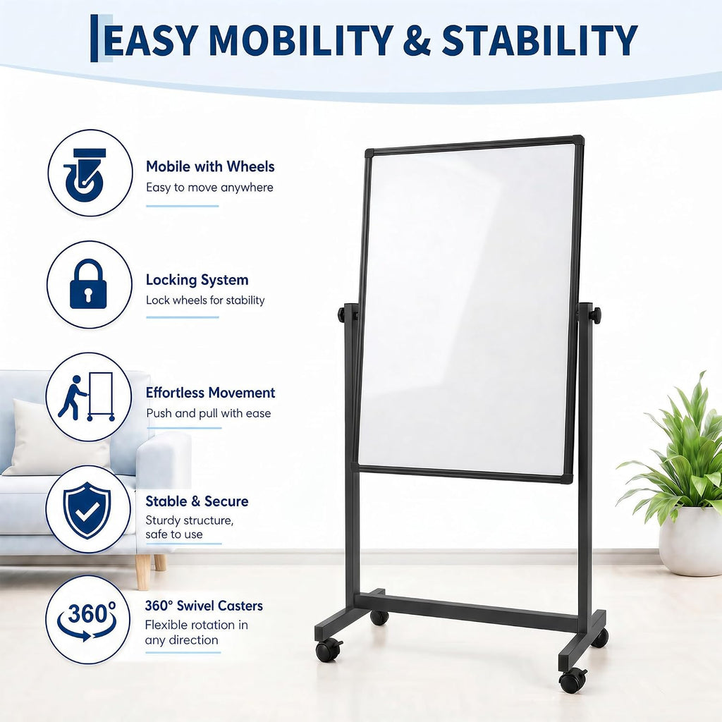 Double-Sided Magnetic Dry Erase Rolling Whiteboard on Wheels