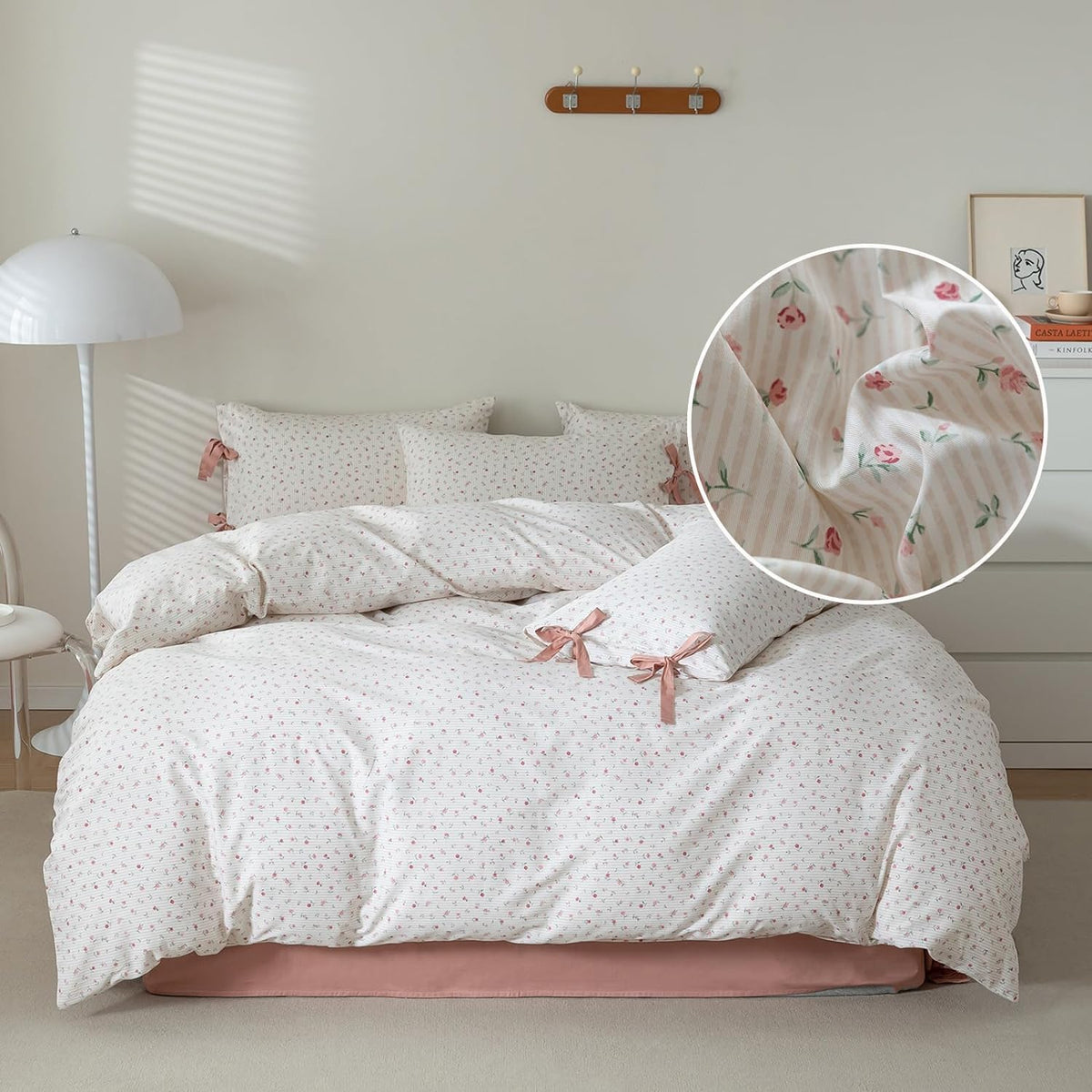 LifeTB Green Floral 100% Jersey Knit Cotton Duvet Cover Queen Vintage Style Botanical Floral Bedding Set Chic Shabby Green Floral Comforter Cover Girl Women Flower Bedding Cover with 2 Pillowcases