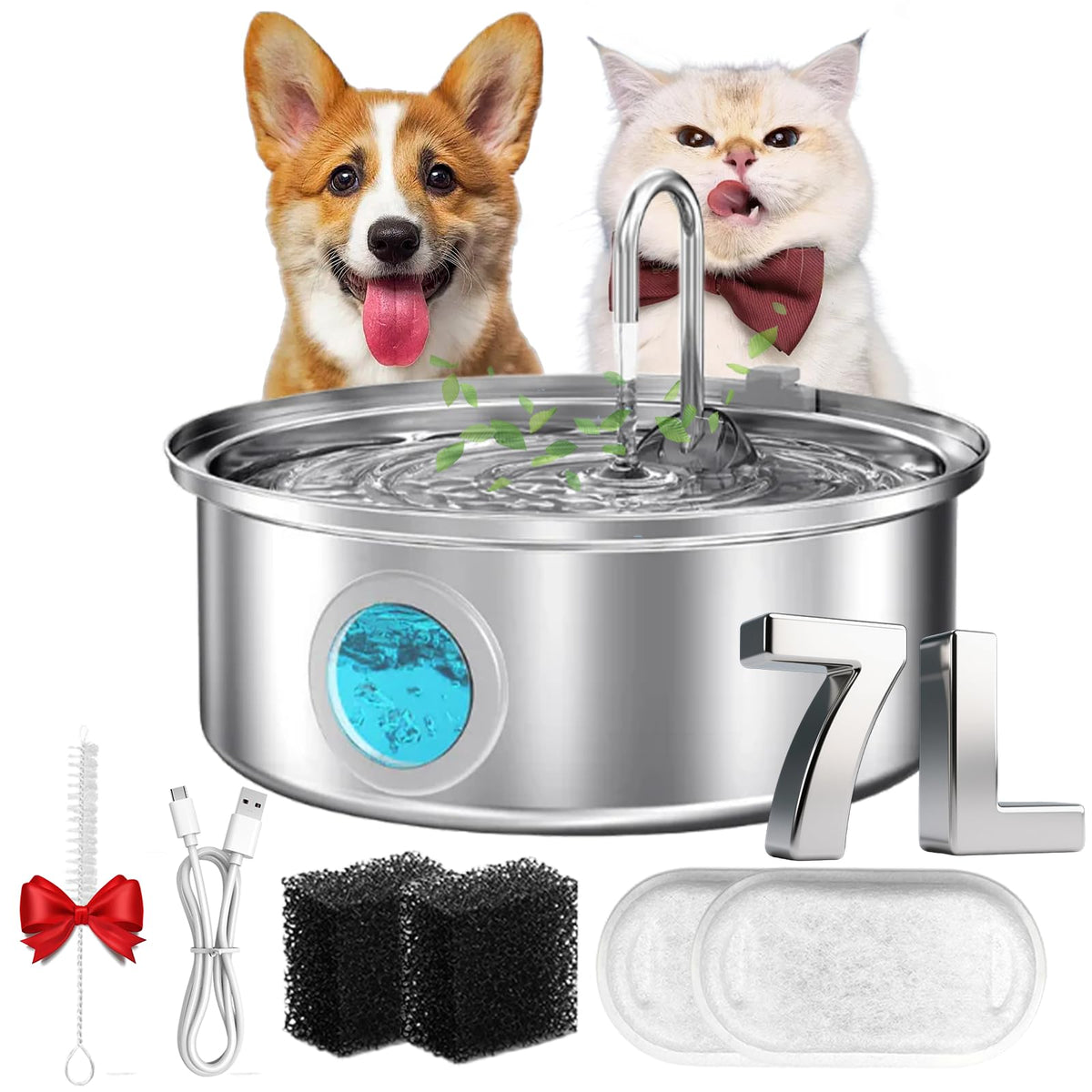 Water Fountain for Cats, 2026 New Stainless Steel Water Fountain, Ultra-Quiet Cat Fountain with 2 Filters, 3.2/7L(108/236oz) Cats Essentials Water Fountains for Cat, Dog (4Filters, 7L)