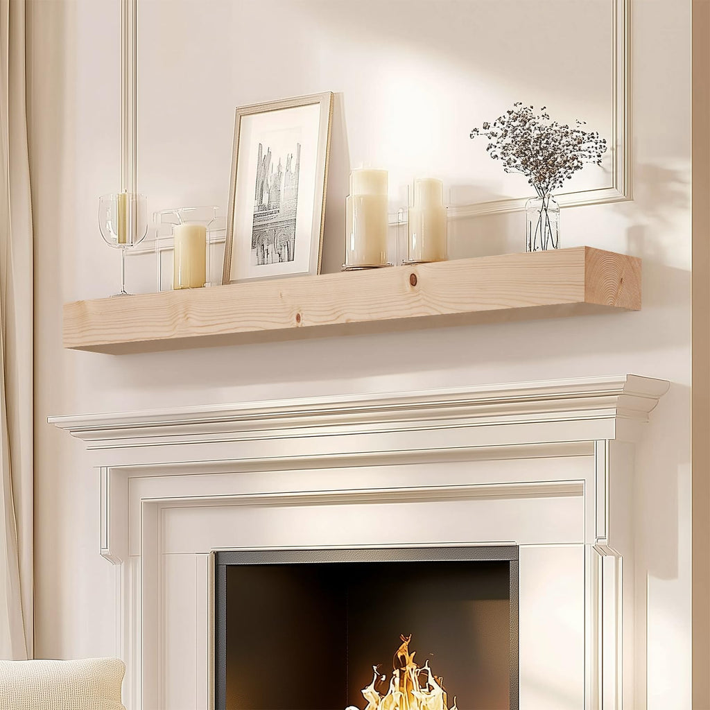 60x8x3in Rustic Fireplace Mantel Pine Wood, Weathered Brown