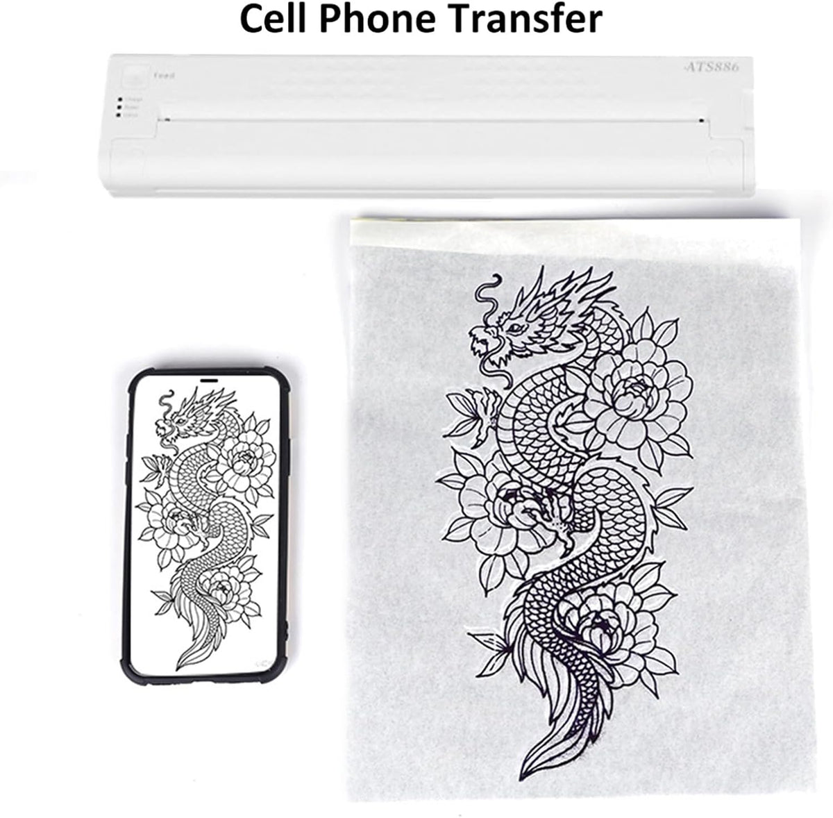 ATS886 Cordless Tattoo Transfer Stencil Printer - Portable Thermal Copier Machine - Rechargeable 1200mAh Battery - Compatible with Android iOS and PC - 1.09 lbs (White)