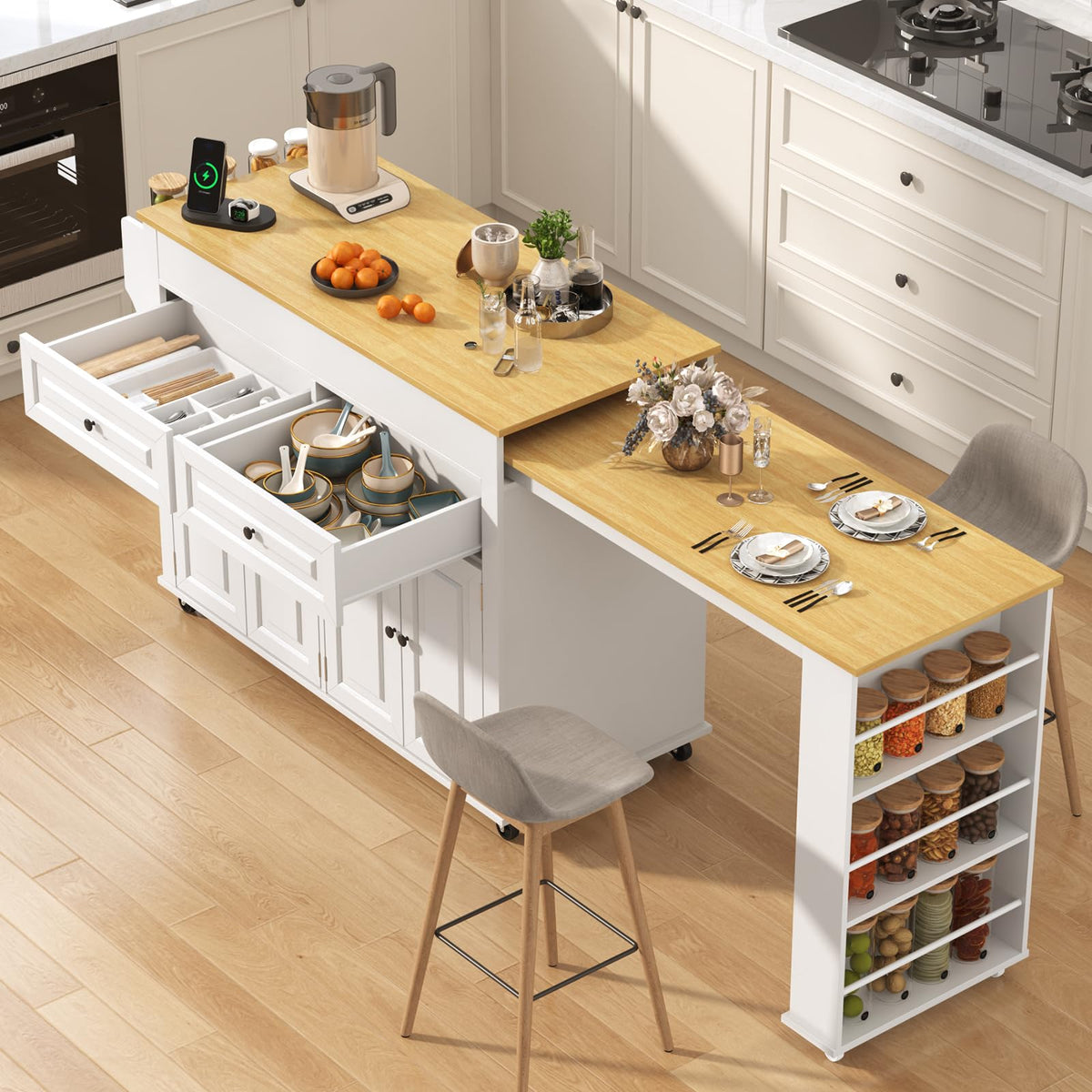 80"-48" Extendable Kitchen Island with Extended Dining Table and Power Outlet,Large Mobile Kitchen Storage Islands with 2 Storage Drawers,Rolling Islands Cart with 3 Extra Rows Open Shelves(White)