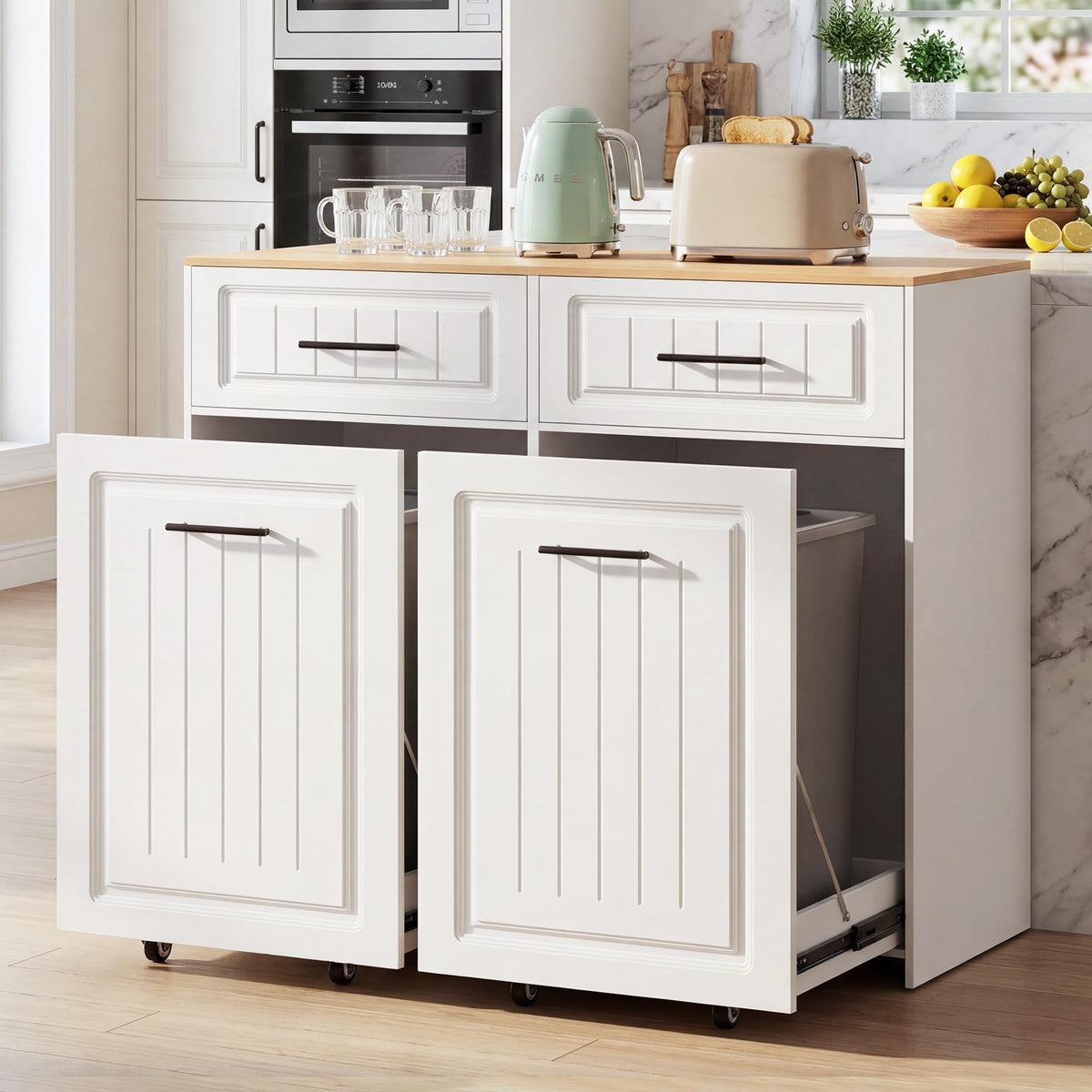 ZIFTY Pull Out Trash Can Cabinet for 13 Gallon Bin, Laundry Hamper, White