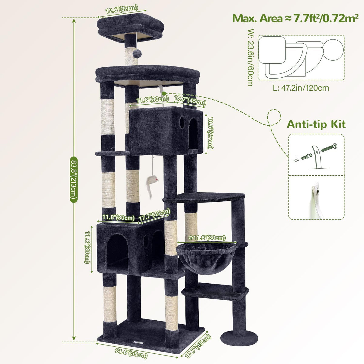 Globlazer Giant Cat Tree for Indoor Large Cats, 83in, F83, Dark Grey