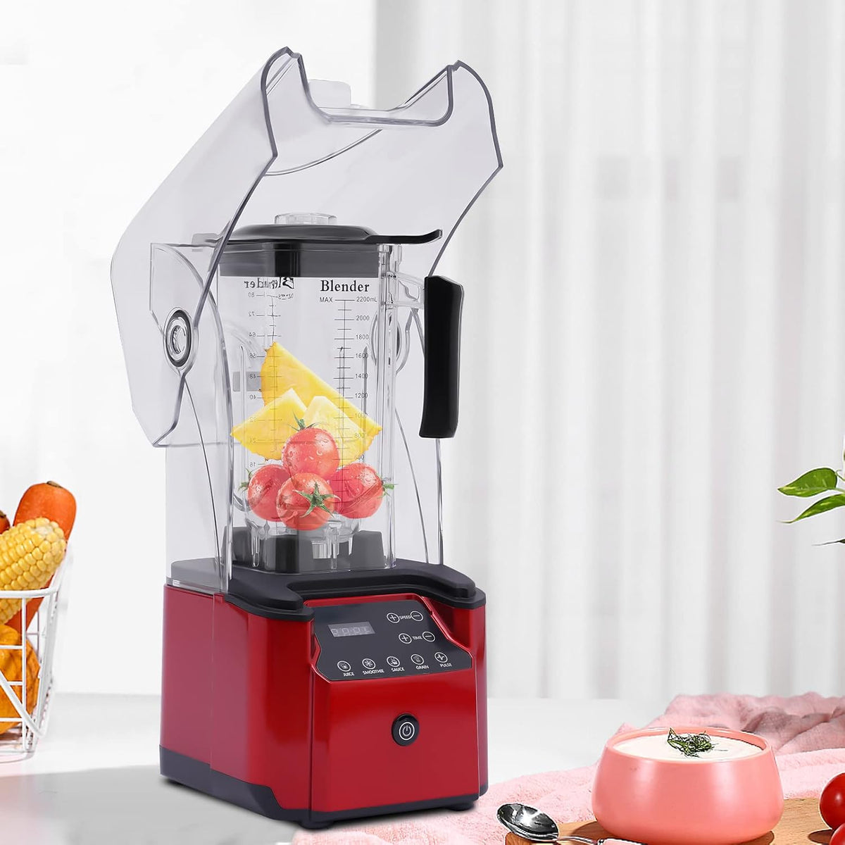 Soundproof Smoothie Blender, Electric Smoothie Maker Fruit Juicer Ice Crusher Soundproof Heavy Duty Smoothies Blender with Soundproofs Cover 1.8L 2600W Black (2.2L 2200W Time Payment)