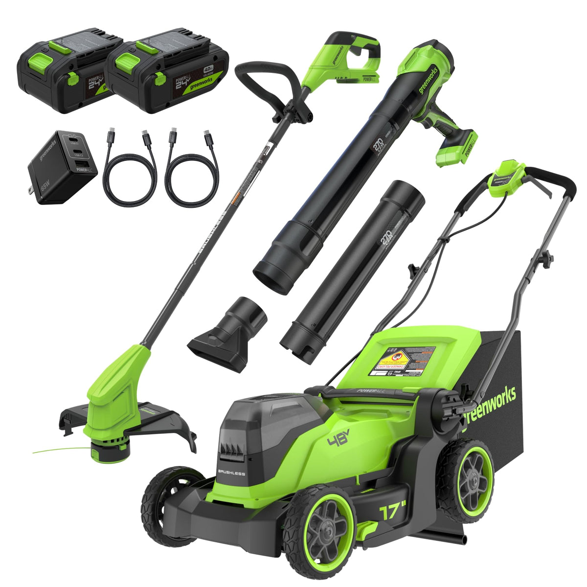 Greenworks 48V (24V x 2) 17in Push Lawn Mower, (2) 4.0 Ah Batteries Kit
