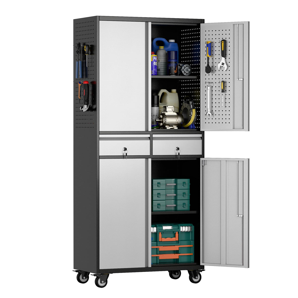 Aobabo 71" Metal Storage Cabinet with Wheels, 5 Shelves & Pegboards, Black