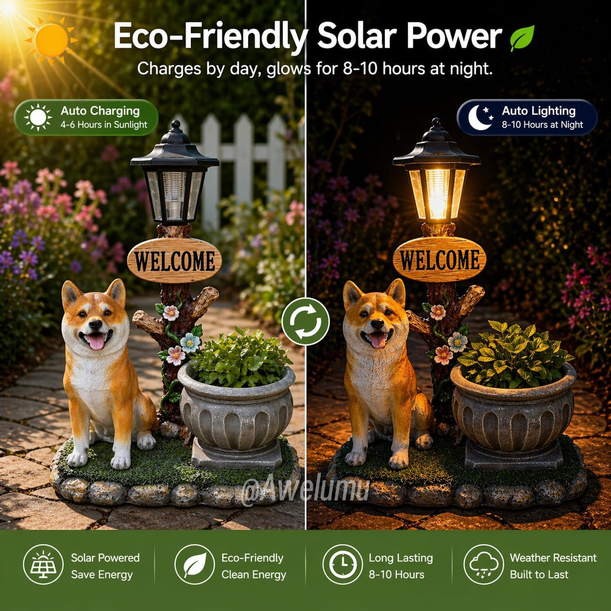 Solar Shiba Inu Statue with Welcome Sign & Lantern, Dog Garden Figurine Planter Pot, Realistic Outdoor LED Light for Porch, Yard Art & Lawn Decor, Unique Gift for Shiba Inu Lovers