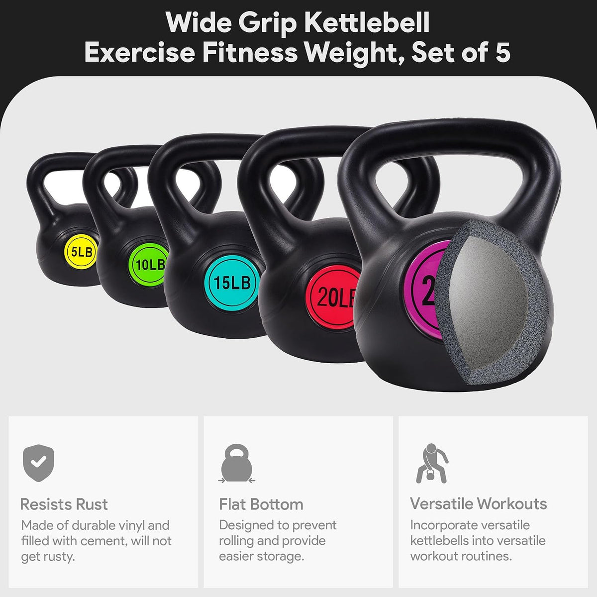 BalanceFrom Vinyl Kettlebell Set, 30/45/50/75 Pound Options – Cement-Filled Strength Training Weights with Ergonomic Grip and Color Coding for Full Body Fitness at Home or Gym