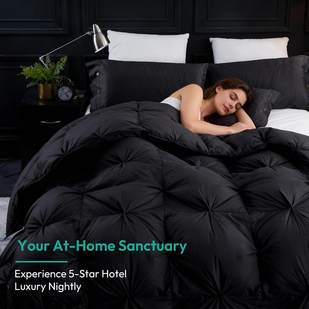 Three Geese Pinch Pleat Waterfowl Feathers and Down Comforter Queen Size Duvet Insert, 1200TC 100% Cotton Fabric, Premium All Seasons BlackGrey Warm Hotel Comforter with 8 Tabs.