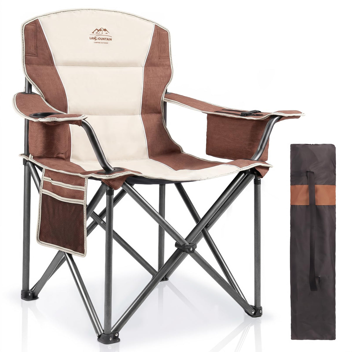 2 Pack Padded Oversized Camping Chairs for Adults,Heavy Duty Support 400 Lbs,Folding Portable Lawn Chair w/Cup Holder,Cooler Bag,Side Pocket,Perfect for Outdoor Picnic,Hiking(Orange&Blue)