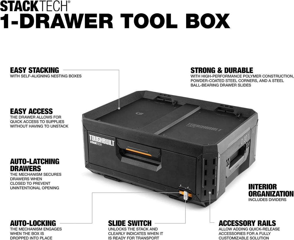 ToughBuilt StackTech 1 Drawer Tool Box, Stackable Organizer, 50 lb Capacity
