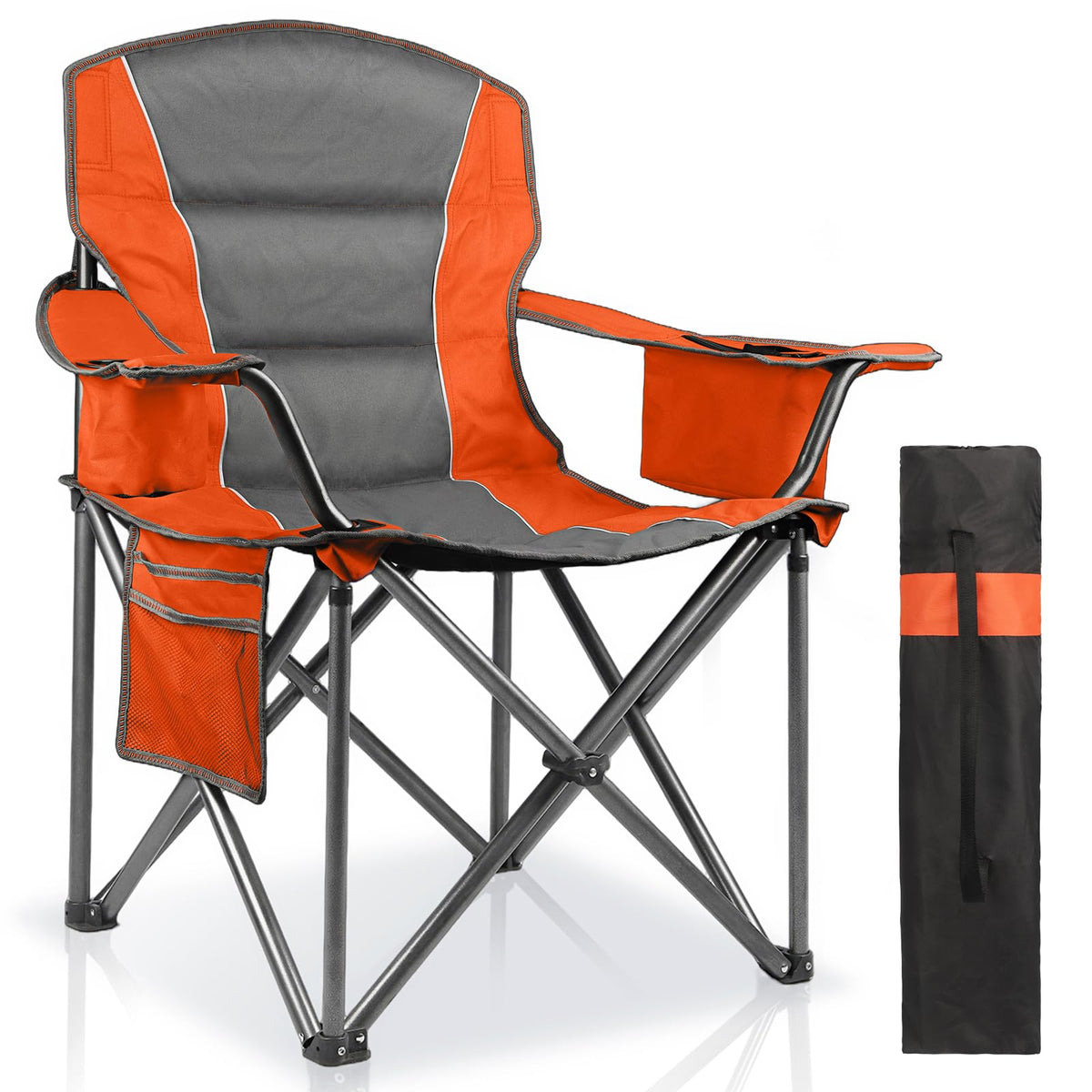 2 Pack Padded Oversized Camping Chairs for Adults,Heavy Duty Support 400 Lbs,Folding Portable Lawn Chair w/Cup Holder,Cooler Bag,Side Pocket,Perfect for Outdoor Picnic,Hiking(Orange&Blue)