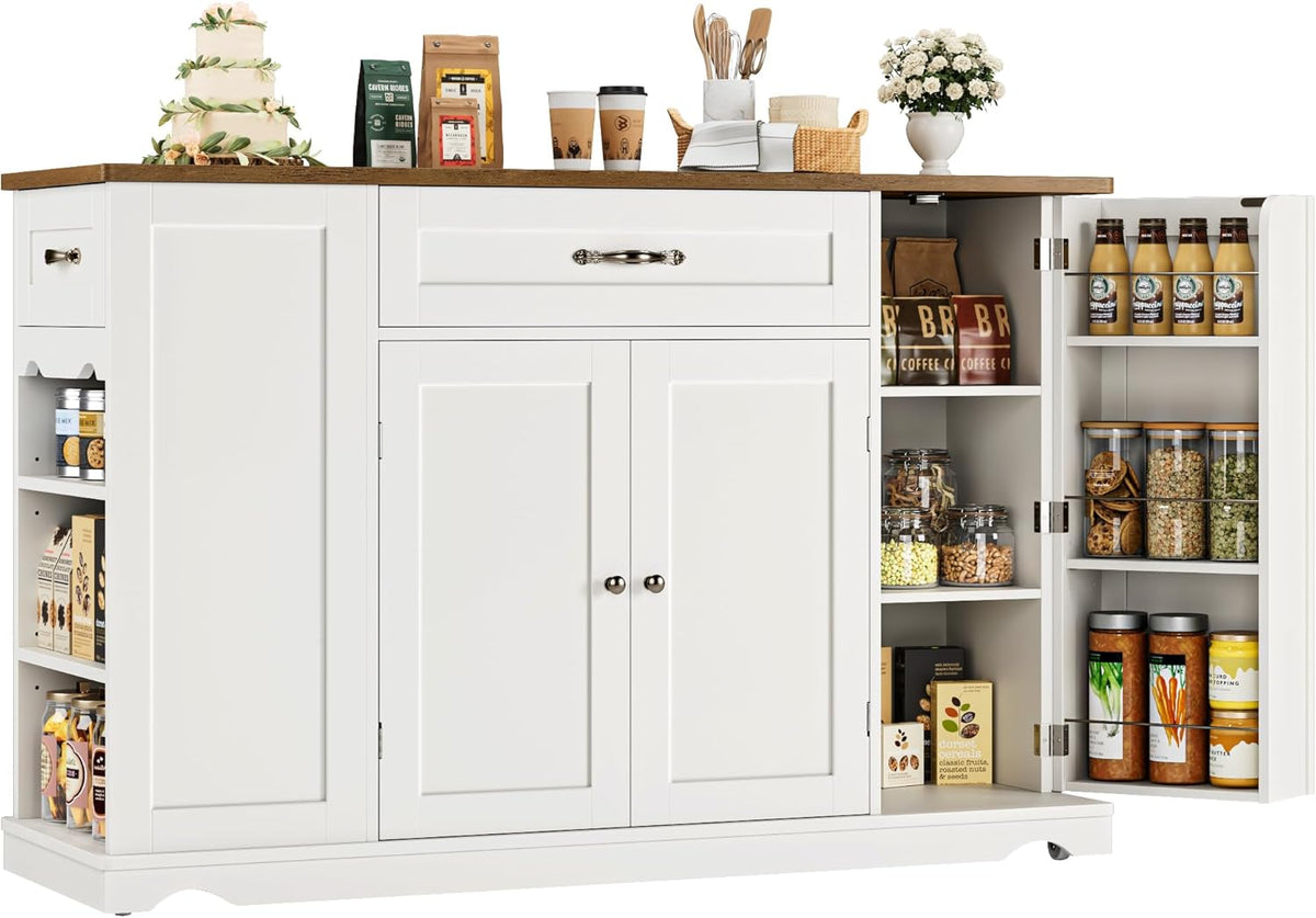 HOSTACK 47" W Kitchen Island Cart with Storage, Rolling Island Table, White
