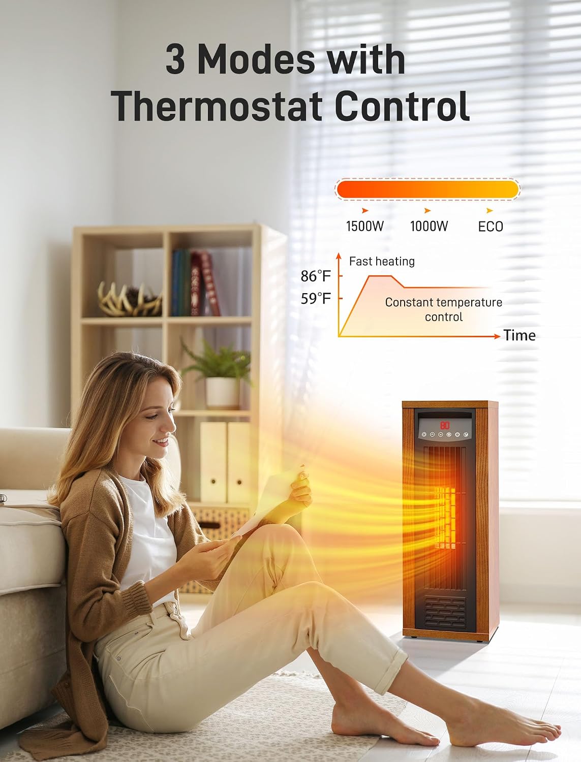 Air Choice Infrared Space Heater, 1500W PTC Portable Electric Heaters Fast & Quiet Heating Tower Room Heater for Bedroom, Office, Home