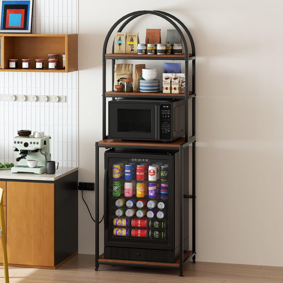 Arched Metal Mini Fridge Stand with Power Outlet and Wheels, Black