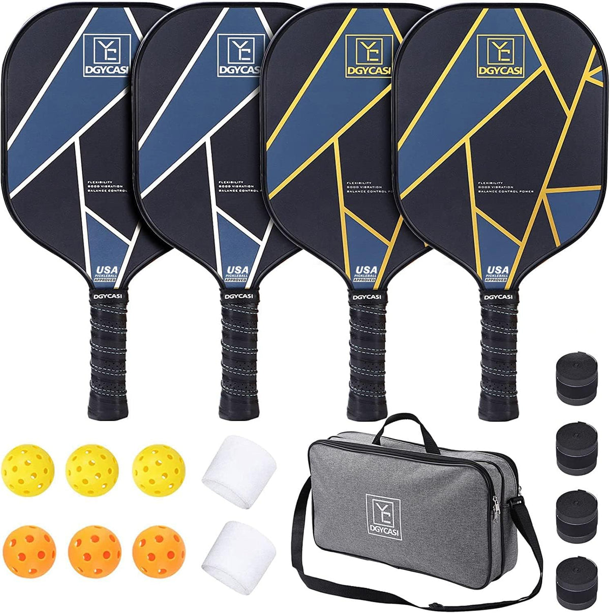 YC DGYCASI Pickleball Paddles Set of 4, USAPA Approved Pickleball Set, 4 Carbon Fiber Pickleball Rackets, 3 Outdoor Balls, 3 Indoor Balls, 4 Replacement Grip, 1 Bag for Women and Men