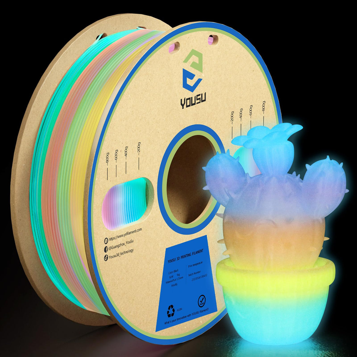 YOUSU 3D Printer Filament Silk PLA Filament Rainbow Color,1.75mm Tri Color PLA Filament 6kg Pack,1kg Spool.