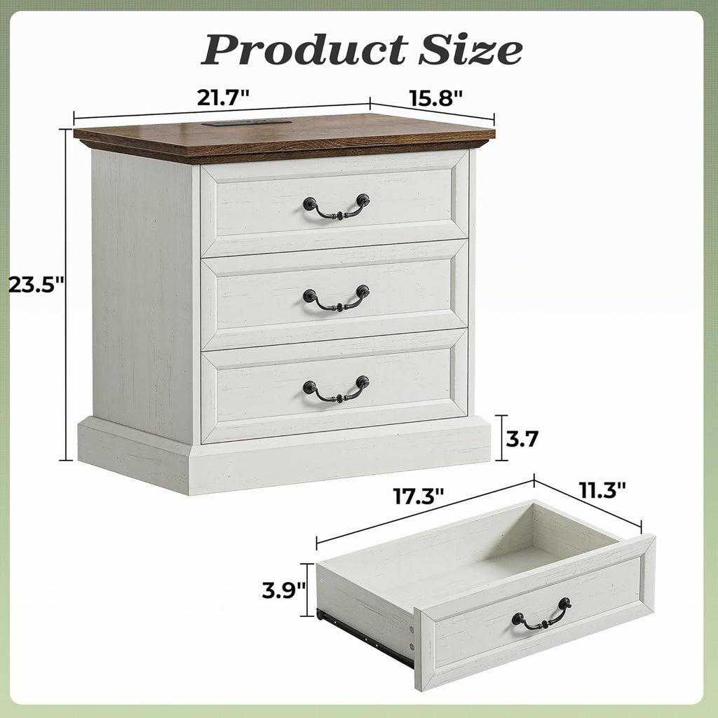 Huuger Nightstand with Charging Station, 3 Drawer Night Stand Set of 2