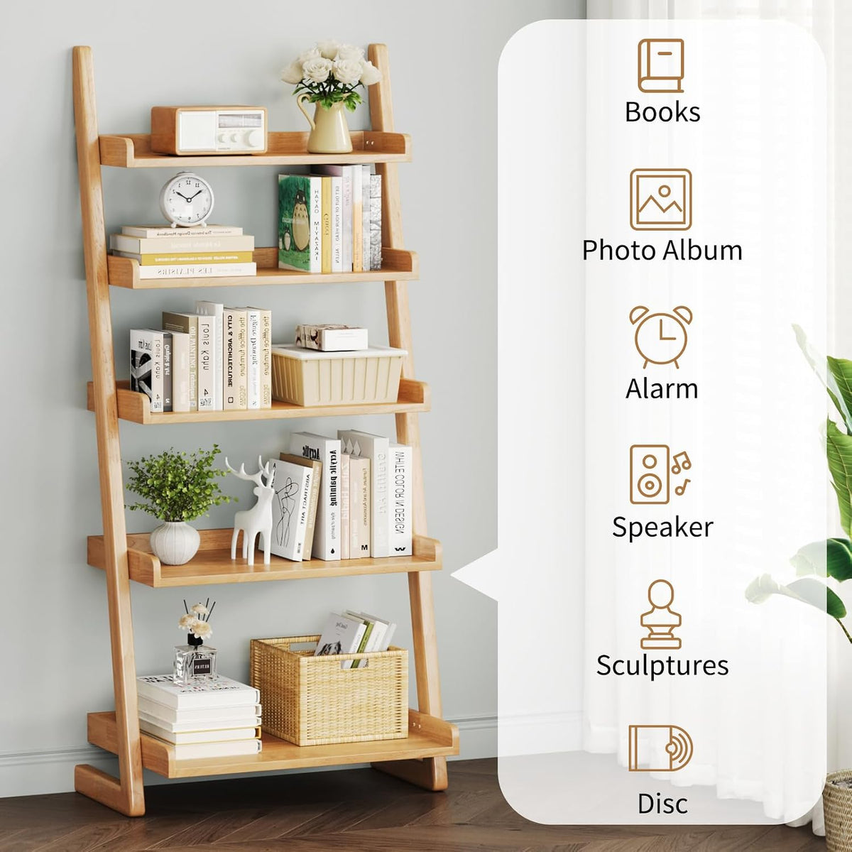 Uniclinens Natural Wooden Ladder Shelf, 5-Tier Ladder Bookshelf, Ladder Shelf Bookcase for Compact Spaces, Wooden Bookshel for Living Room, Bedroom, Home Office,(23.6''Dx15.7''Wx55.1''H)