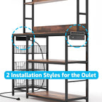 Bakers Rack with Baskets and Power Outlet, 5-Tier Kitchen Utility Storage Shelf with Hooks, Microwave Oven Stand Rack, Vintage Brown Free Standing Kitchen Shelf