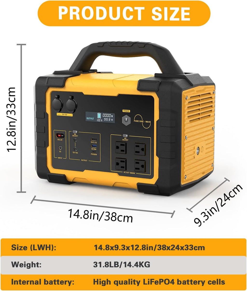 1000W Portable Power Station 1024Wh LiFePO4 for Outdoor & Home