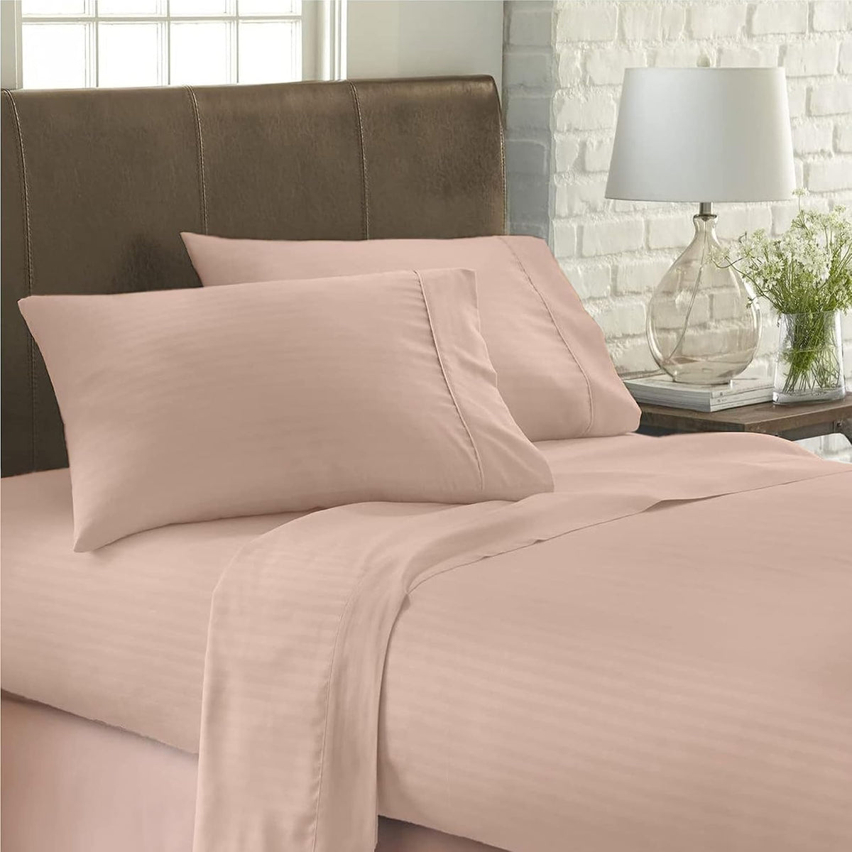 USA Twin XL Sheet Set in Peach Stripe 400 Thread-Count 100% Egyptian Long Staple Cotton, Sateen Weave for Soft and Silky Feel, Breathable 4-Piece Bedsheet, Elasticized 24'' Extra Deep Pocket