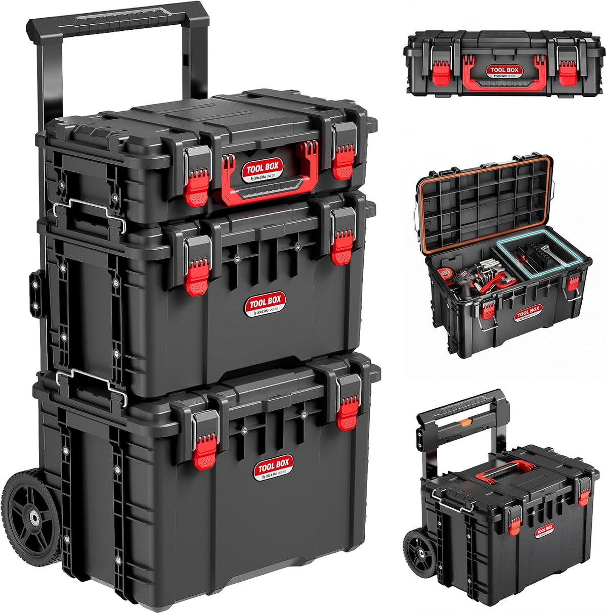 JEKO&JEKO 3-Piece Rolling Modular Tool Box System with Large Rolling Tool Box & Small Parts Organizer for Garage Storage, DIY Projects, Professional Use & Home Repairs