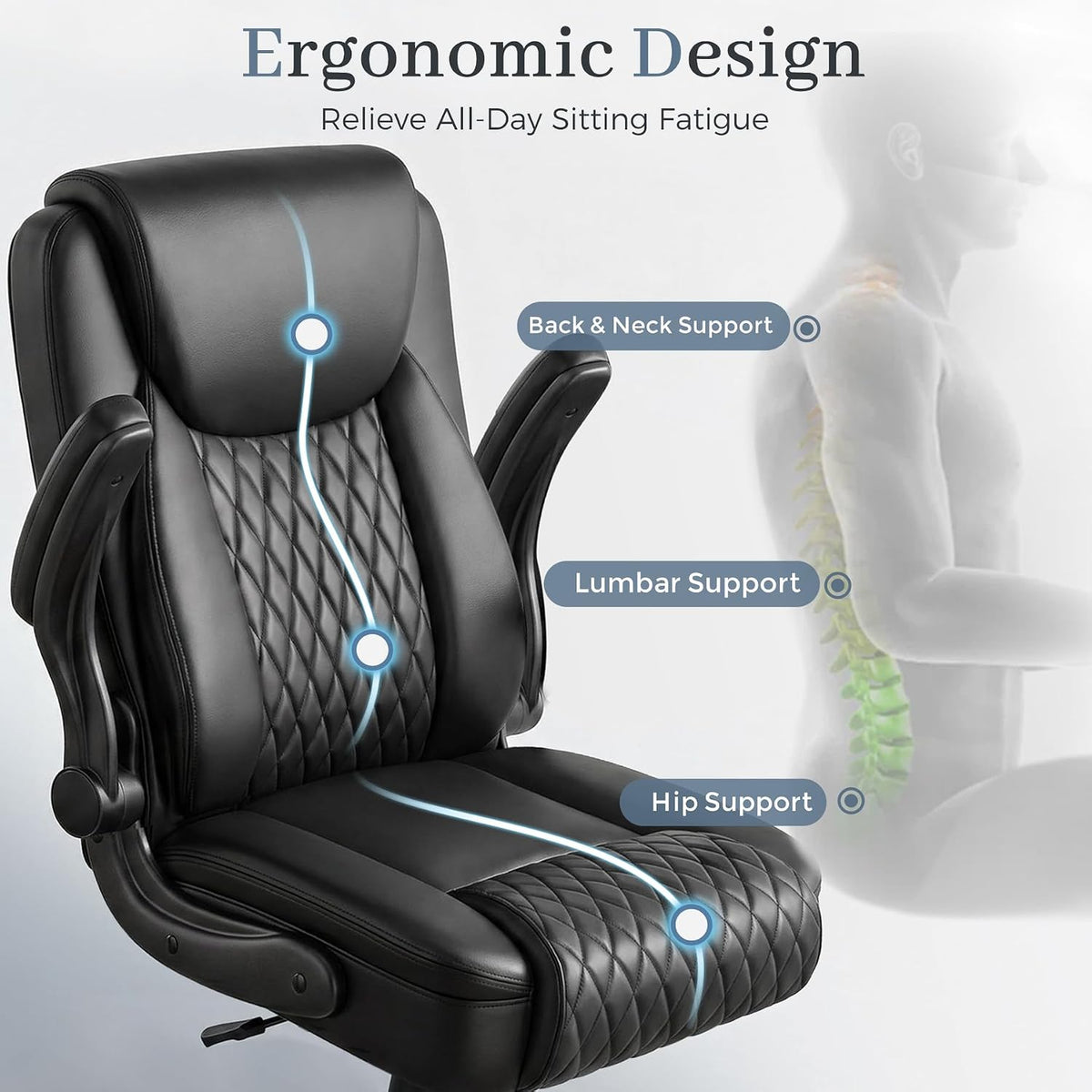 GTPOFFICE Executive Office Chair with Comfortable Lumbar Support, Ergonomic Gaming Chair with Flip-up Armrests & Zoned Pressure-Relief Cushion, Comfy PU Leather Desk Chair, Black