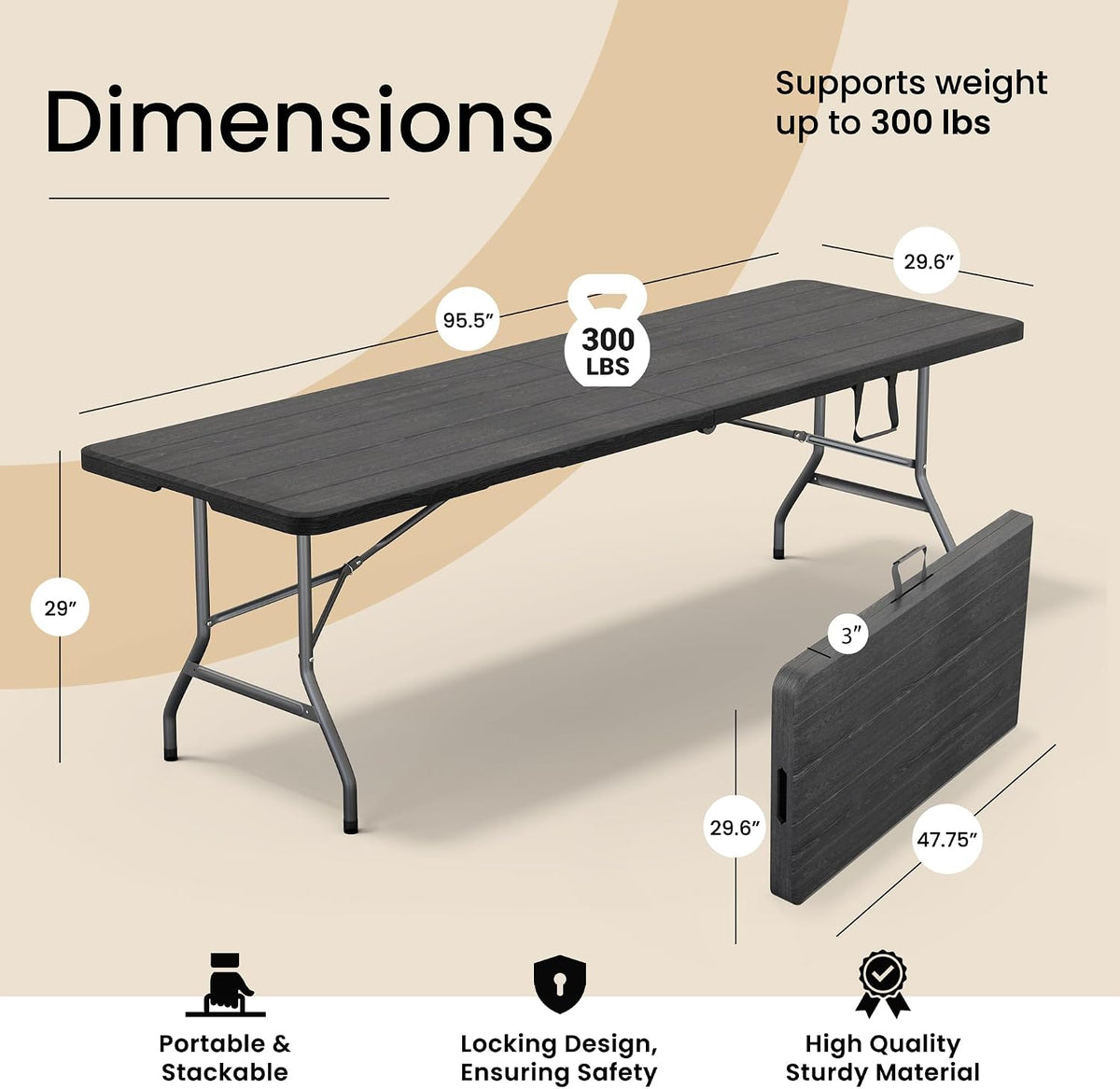 Our Modern Space 8 Feet Foldable Table with Built in Handle & Steel Legs | 8 FT Heavy Duty Portable | Perfect for Party, Dining, Wedding, Events, Picnic Indoor, Outdoor, Camping, Temporary - 8 Foot