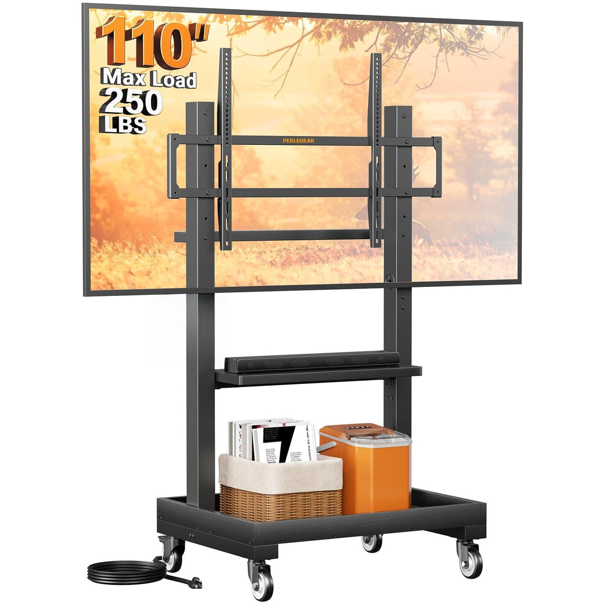 Perlegear Rolling TV Stand for 32-84 Inch TV, Mobile TV Cart up to 100lbs, Adjustable Height Outdoor TV Cart with Heavy-Duty Base, VESA 600x400mm, Portable TV Stand on Wheels for Livingroom PGTVMC05-1