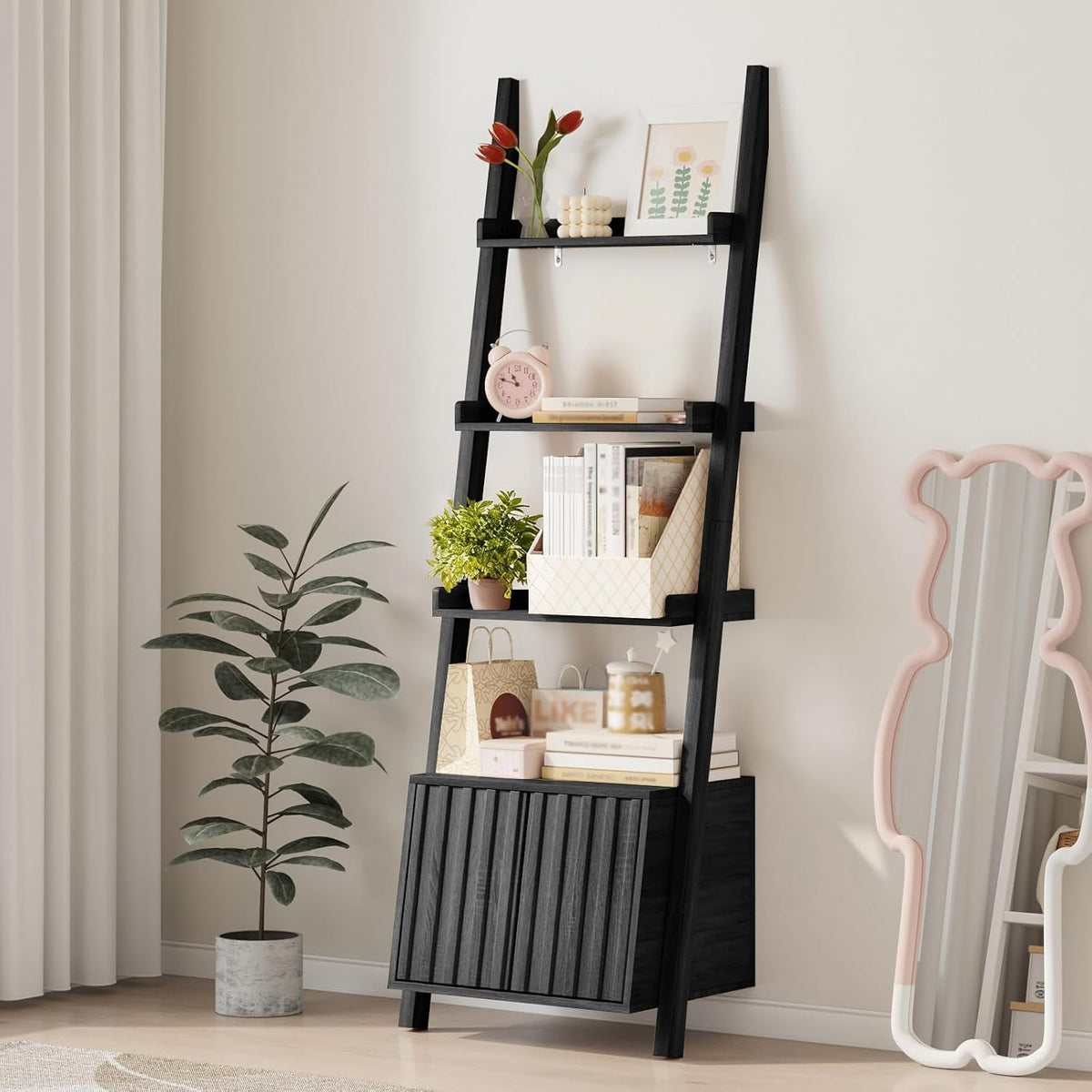 4-Tier Ladder Bookshelf with Storage Cabinet,Display Shelf,Black