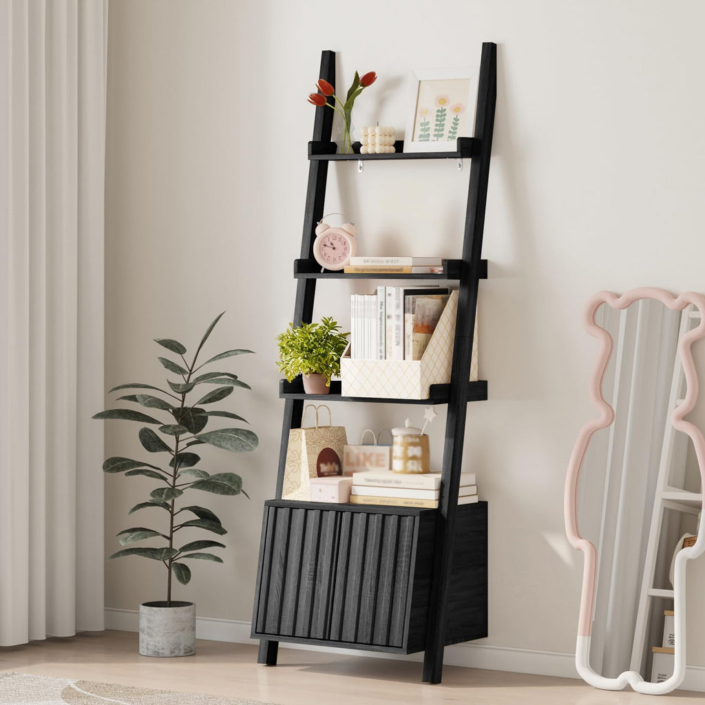 4-Tier Ladder Bookshelf with Storage Cabinet, Freestanding Shelf Unit,White