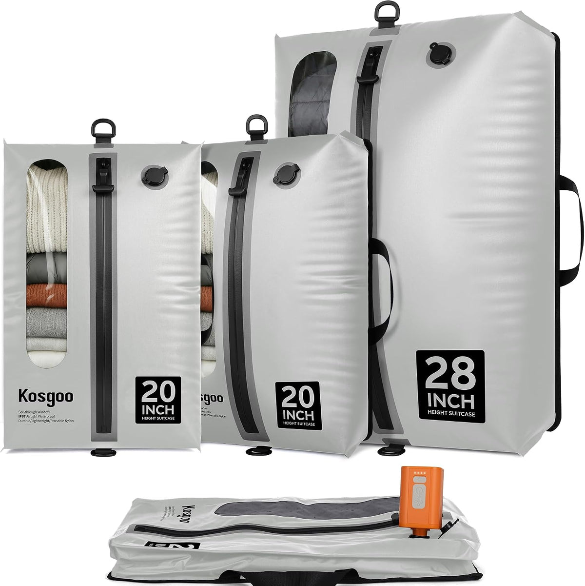 Vacuum Seal Bags for Travel with Pump, Light Grey, 20+20+28