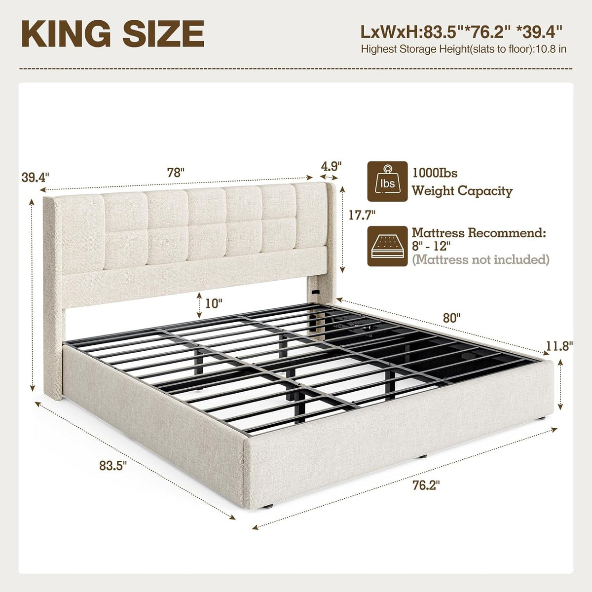 King Bed Frame with Hydraulic Gas Lift Up Storage, Linen Upholstered