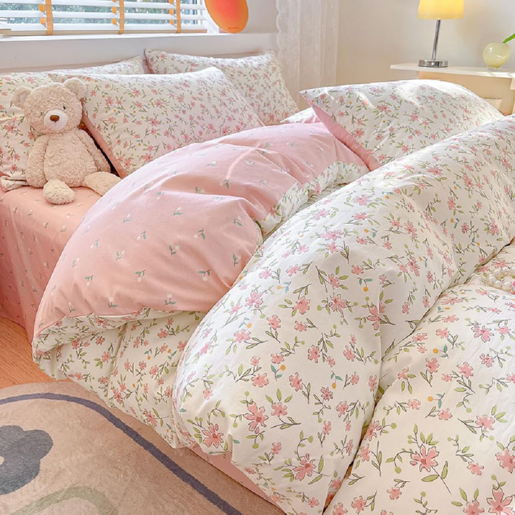 LifeTB Green Floral 100% Jersey Knit Cotton Duvet Cover Queen Vintage Style Botanical Floral Bedding Set Chic Shabby Green Floral Comforter Cover Girl Women Flower Bedding Cover with 2 Pillowcases