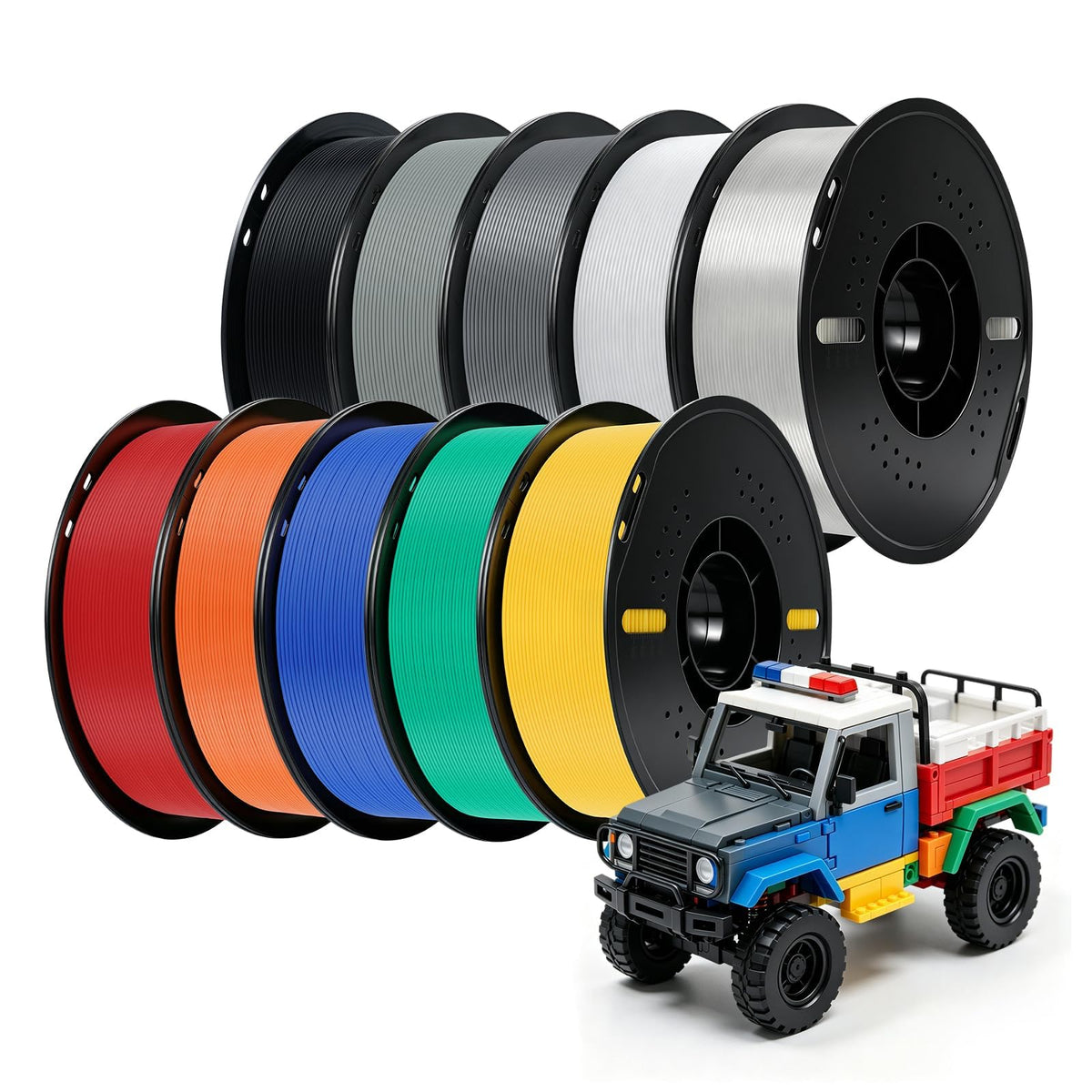 Kingroon PETG 3D Printer Filament, 10 Rolls, Dimensional Accuracy +/- 0.03 mm, 1kg Spool(2.2lbs), 1.75 mm，10KG Ten Colors Black White Grey Red Blue Green Yellow Orange Transparent Silver