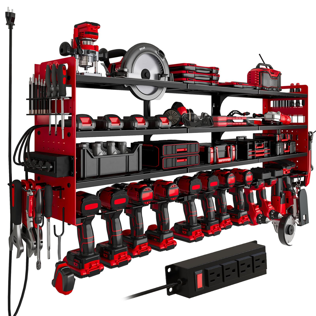 Power Tool Organizer Wall Mount, 12-Drill 4-Tier Charging Station, Red