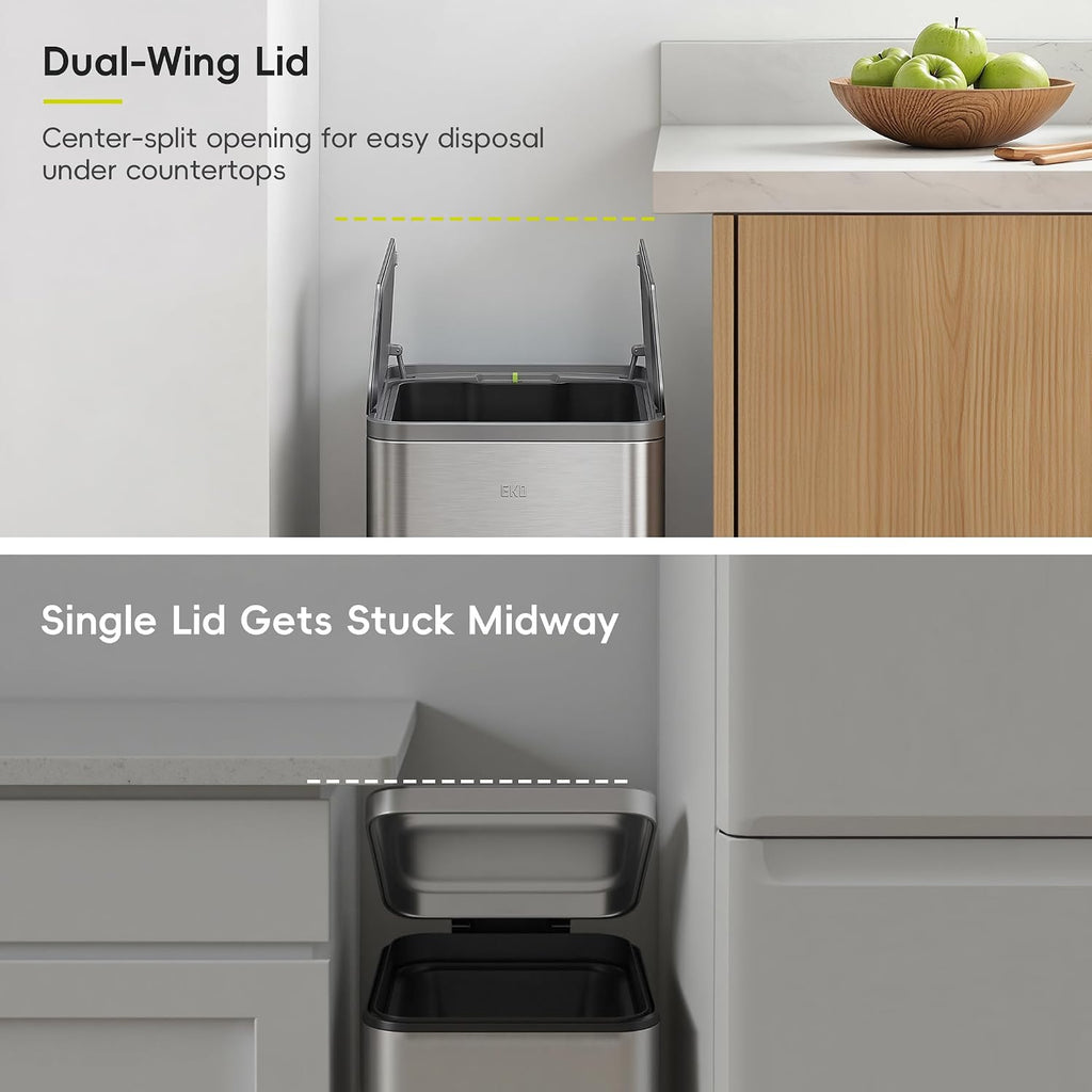 EKO X-Wing 50L / 13.2 Gallon Slim Step Trash Can, Stainless Steel Kitchen Garbage Bin with Dual Wing Lid, Soft Close, Removable Inner Bucket for Kitchen or Home