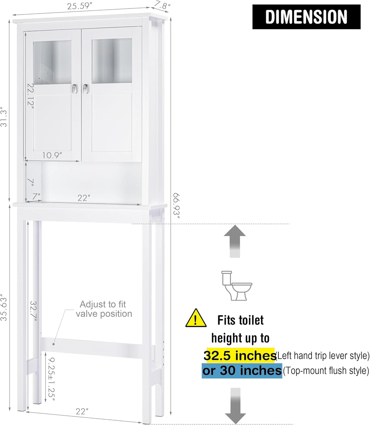 Spirich Bathroom Over the Toilet Storage Cabinet with Glass Doors, White