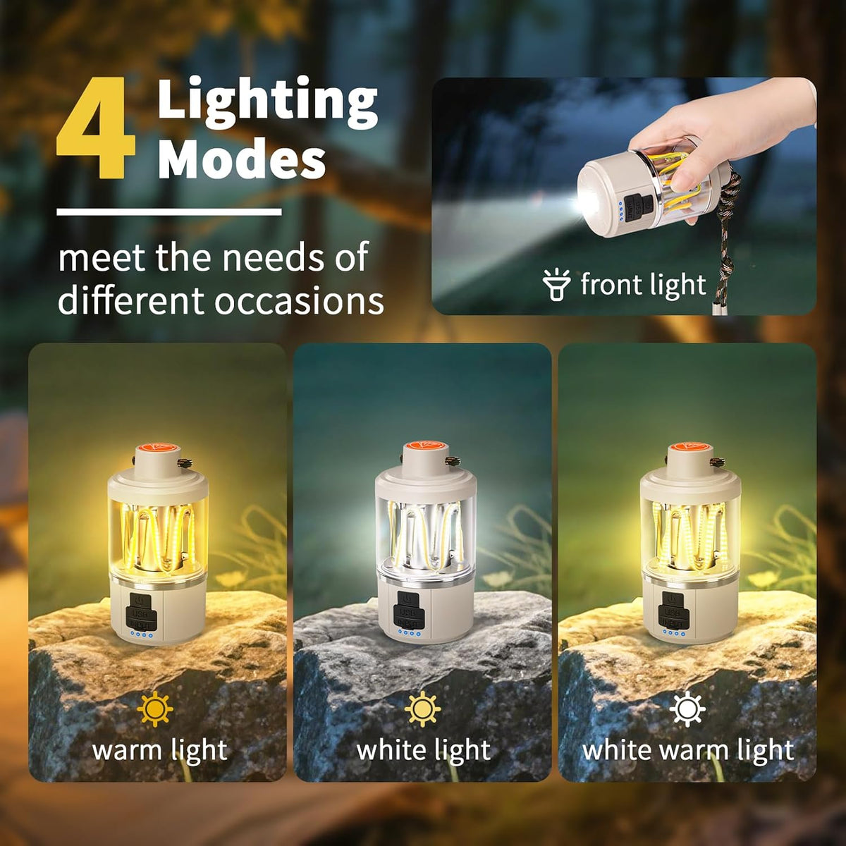 Luvan Camping Lantern Rechargeable, Camping Light with 4 Modes, LED Flashlight, Waterproof, 1500mAh Battery, Flashlight Lantern for Camping, Power Outages, Emergencies, Hurricanes, Hiking