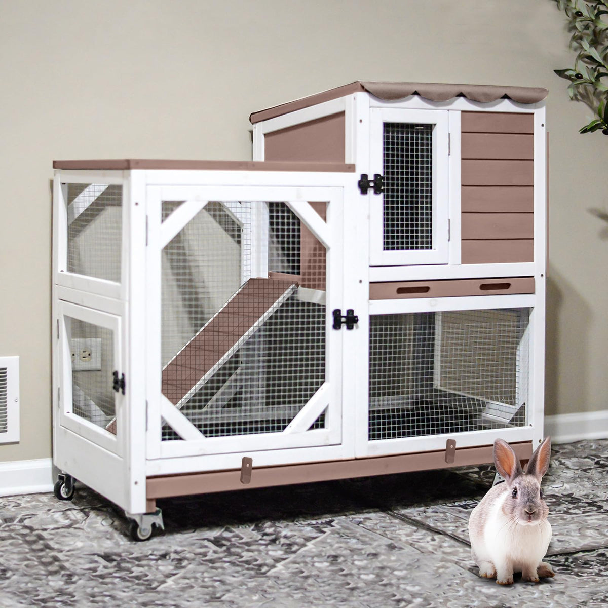 Indoor Rabbit Bunny Hutch Outdoor, Guinea Pig Cages with Removable Bottom Wire Netting - Easy Clean